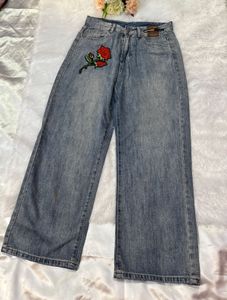 Women's Wide Leg Jeans with Rose Patch