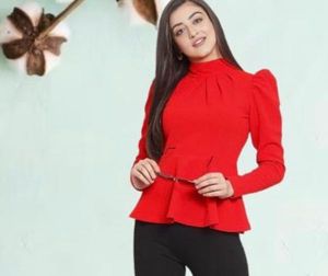 Chic Red Peplum Top with High Neck