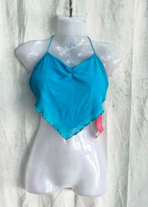 I. Blue Halter Neck Cropped Top