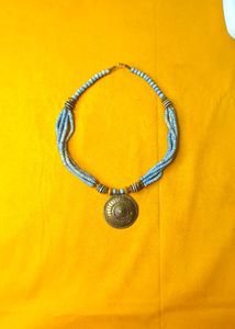 Bohemian Bone Beaded Necklace with Brass Pendant