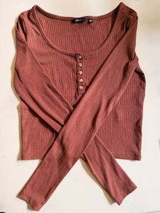 Ribbed Henley Long Sleeve Top