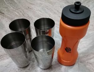 Orange Water Bottle with 4 Stainless Steel Glasses