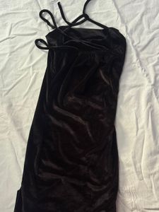 Black Halter Neck Velvet Dress With A Slit