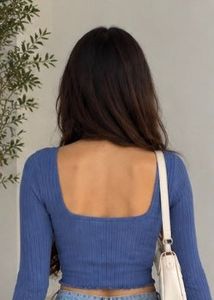 Sky &amp; Sparrow Blue Ribbed Tie-Front Crop Top