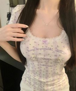 Cute Bunny Print Lace Trim Top