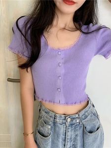 Cute Purple Button-Up Knit Crop Top