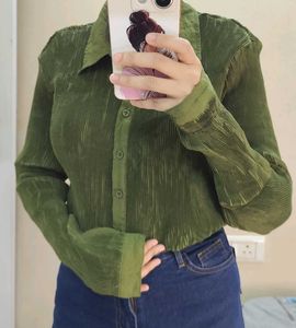 ZARA Green Pleated Long Sleeve Top