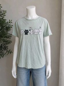 Mint Green Cute Cat Graphic Oversized T-Shirt