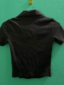Brown Ribbed Polo Crop Top