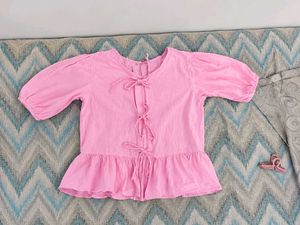 Cute Korean Bow Front Puff Sleeve Pink Top 🌸