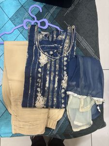 Ethnic Blue & Beige Kurta Set with Shaded Dupatta