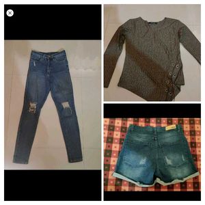 Chic Denim Jeans ,top and  Shorts Set