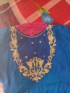 beautiful blue and pink kurta with back work and beautiful net sleeves
