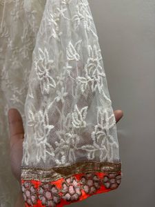 Elegant White Lace Kurta with Orange Embroidery