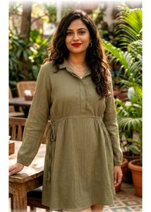 🔥Zudio 🔥Olive Green Button-Up Midi Dress