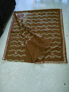 Brown &amp; Gold Embellished Saree