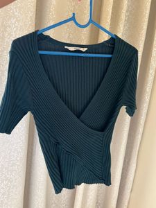 deep v neck Ribbed Wrap Top