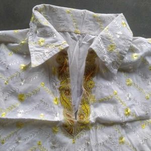 White Kurta with Yellow Embroidery