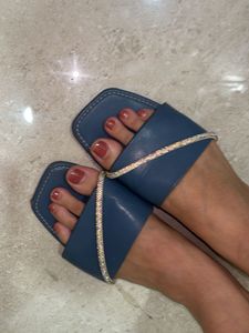 Stylish Blue Embellished Flat Sandals