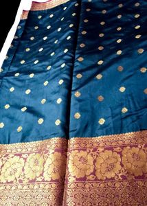 Elegant Teal Silk Saree with Gold Border