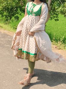 Elegant White &amp; Green Anarkali Suit