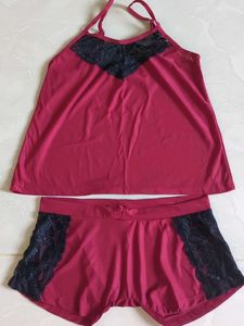Burgundy Lace Trim Sleep Set