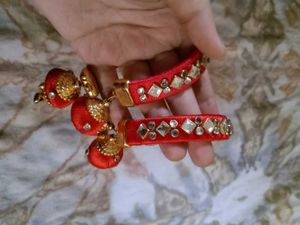 Red Silk Bangles with Gold Charms