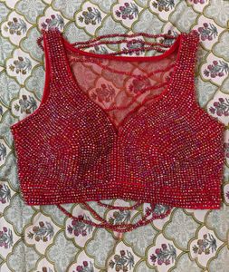 Stunning Red Beads Moti Hand Embroidered Blouse