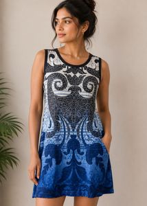 Unique Blue & Black Printed Sleeveless Dress