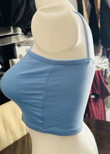 Blue Ribbed Halter Crop Top