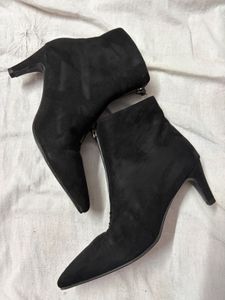 Black Suede-Effect Pointed-Toe Ankle Boots