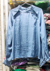 Elegant Cut-Out Neckline Blue Satin Top