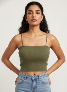Olive Green Beaded Strap Crop Top