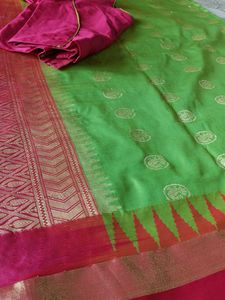 Parrot green Cotton silk Saree with Blouse