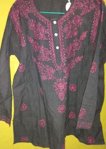Black Chikankari Short Kurti with Pink Embroidery