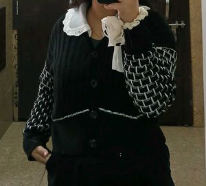 Black Knit Cardigan with Lace Collar