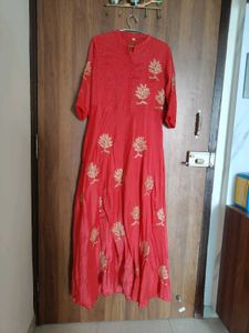 Coral Kurta with Gold Embroidery