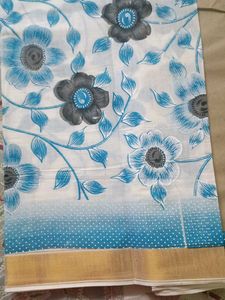 White Cotton Saree with floral design