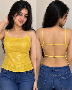 Yellow Sequin Strappy Backless Cami Top