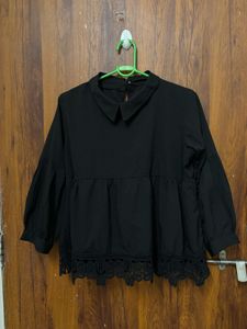 Chic Black Lace Trim Peplum Top