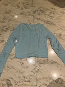 Light Blue Ribbed Button-Up Top