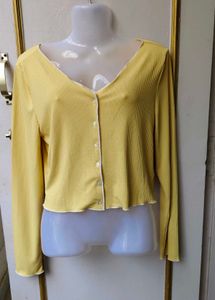Yellow Ribbed Button-Up Top
