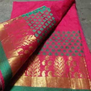 Pink &amp; Green Embroidered Sari💚