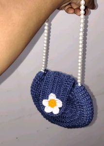 Crocheted Round Bag with Pearl Strap