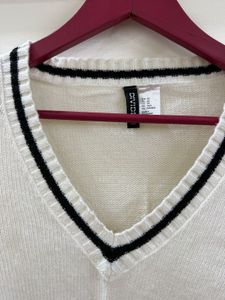White Knit Sweater with Black Trim