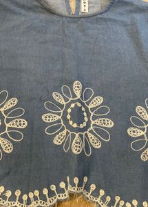 Blue Denim Top with White Embroidery
