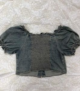 Denim Off-Shoulder Puff Sleeve Top
