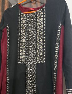 W Black &amp; Maroon Embroidered winter Kurta