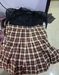 Brown Plaid Pleated Skirt