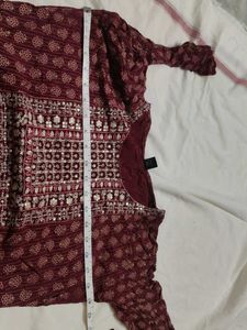 Maroon Printed Kurta with Embellished Neckline